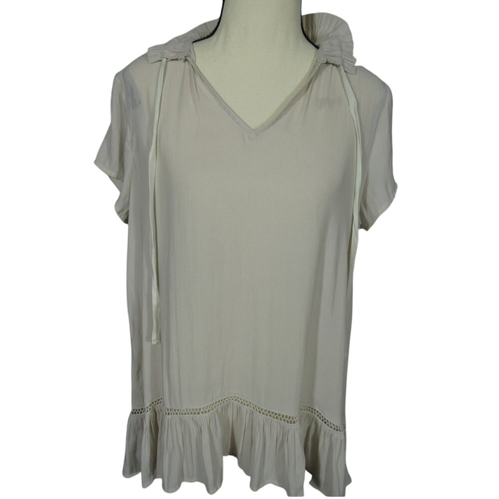 Anthropologie RO & DE Ivory Medium Blouse Tie Neckline Ruffle Hem Boho Romantic